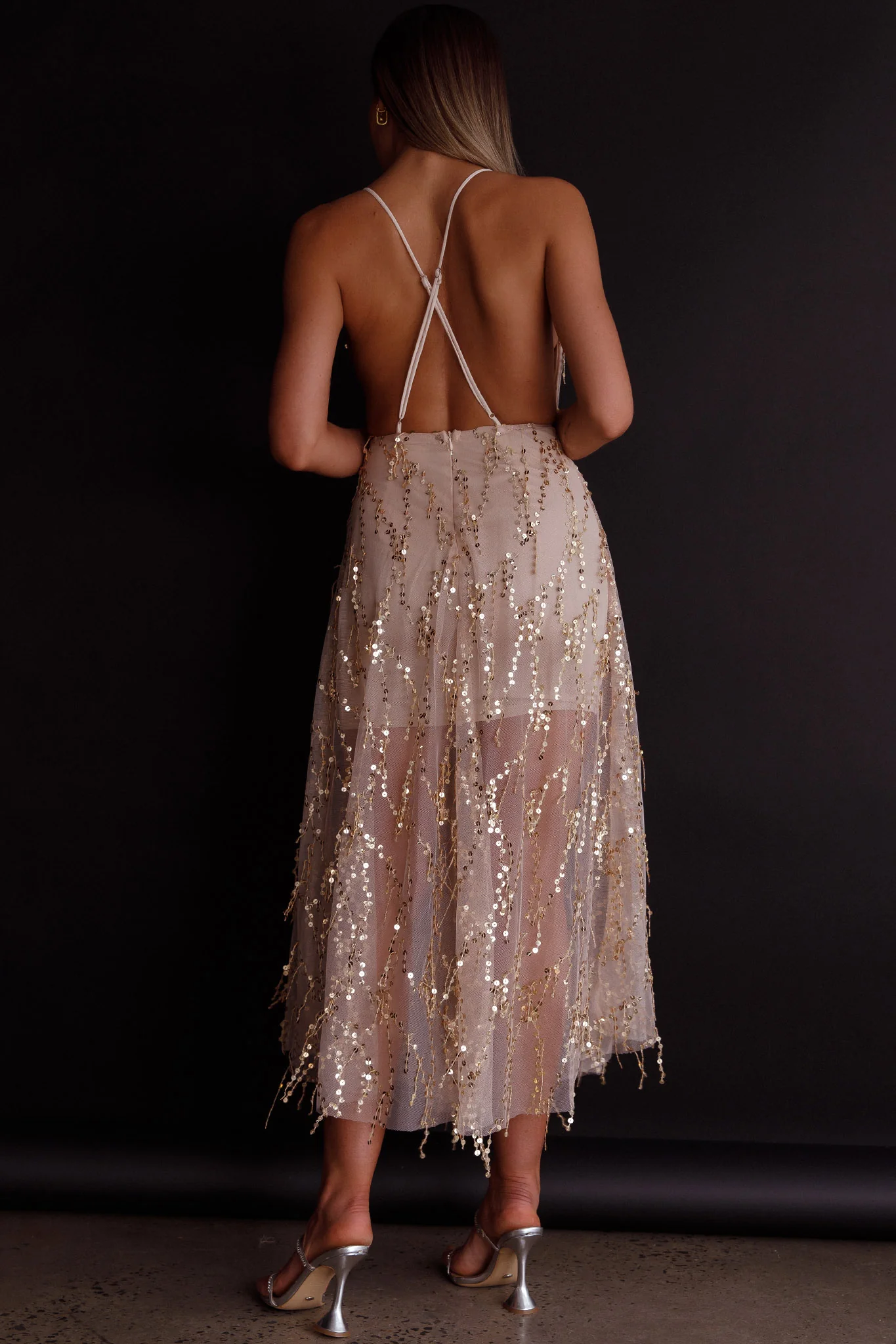 Ariana Sequin Midi Dress Beige - Seraphlike