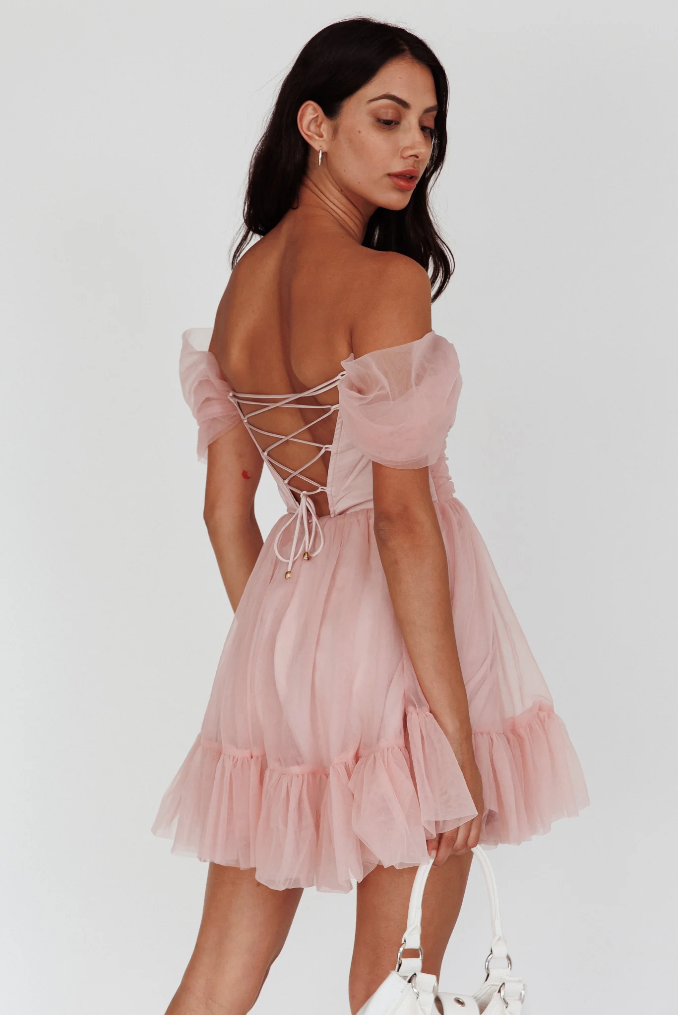 Pixi Off-Shoulder Lace-Up Back Back Dress Pink - Seraphlike