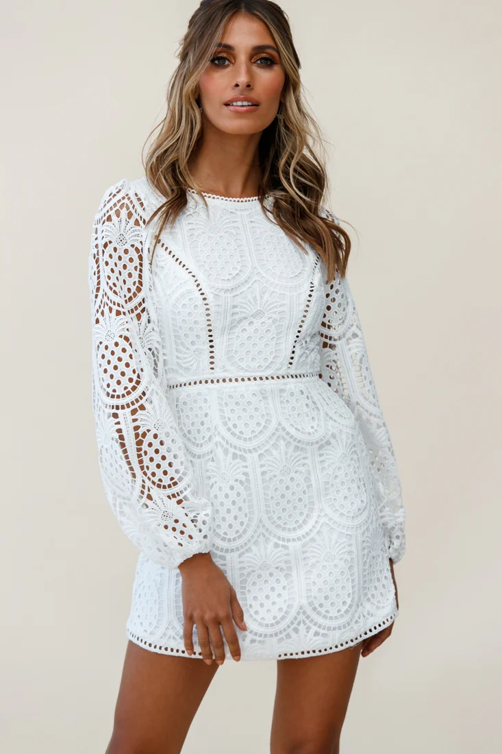 Heart Crochet Overlay Balloon Sleeve Dress White - Seraphlike
