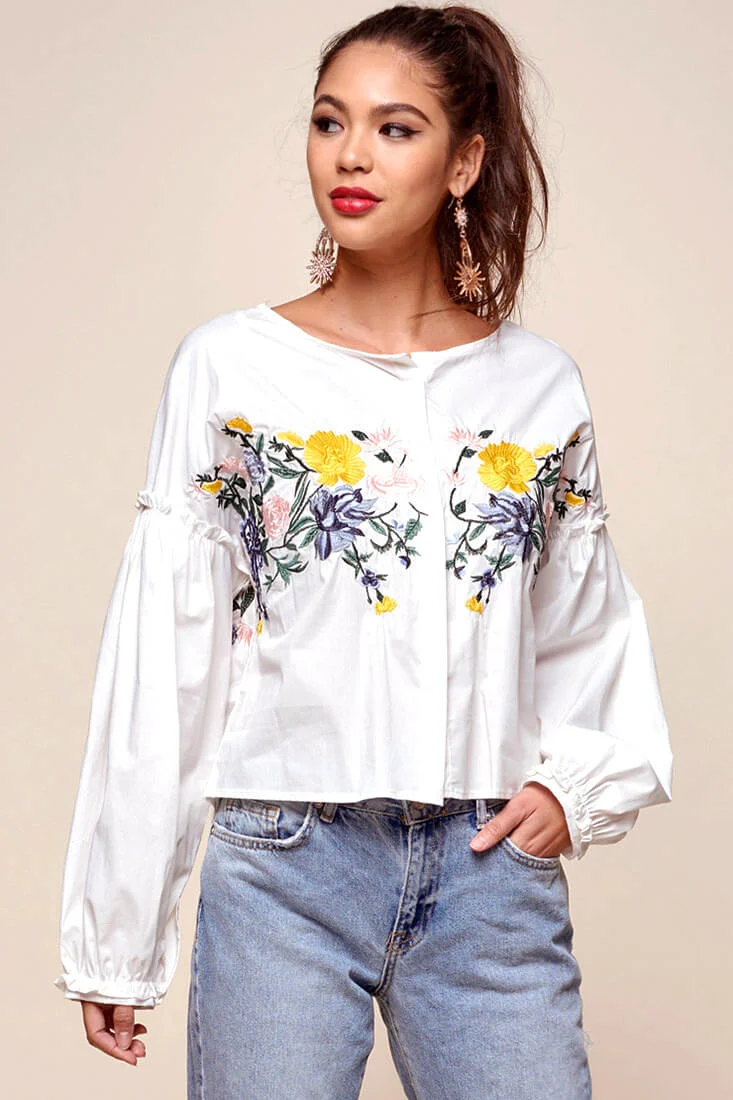 Olivia Floral Embroidered Cinched Wrist Shirt White - Seraphlike