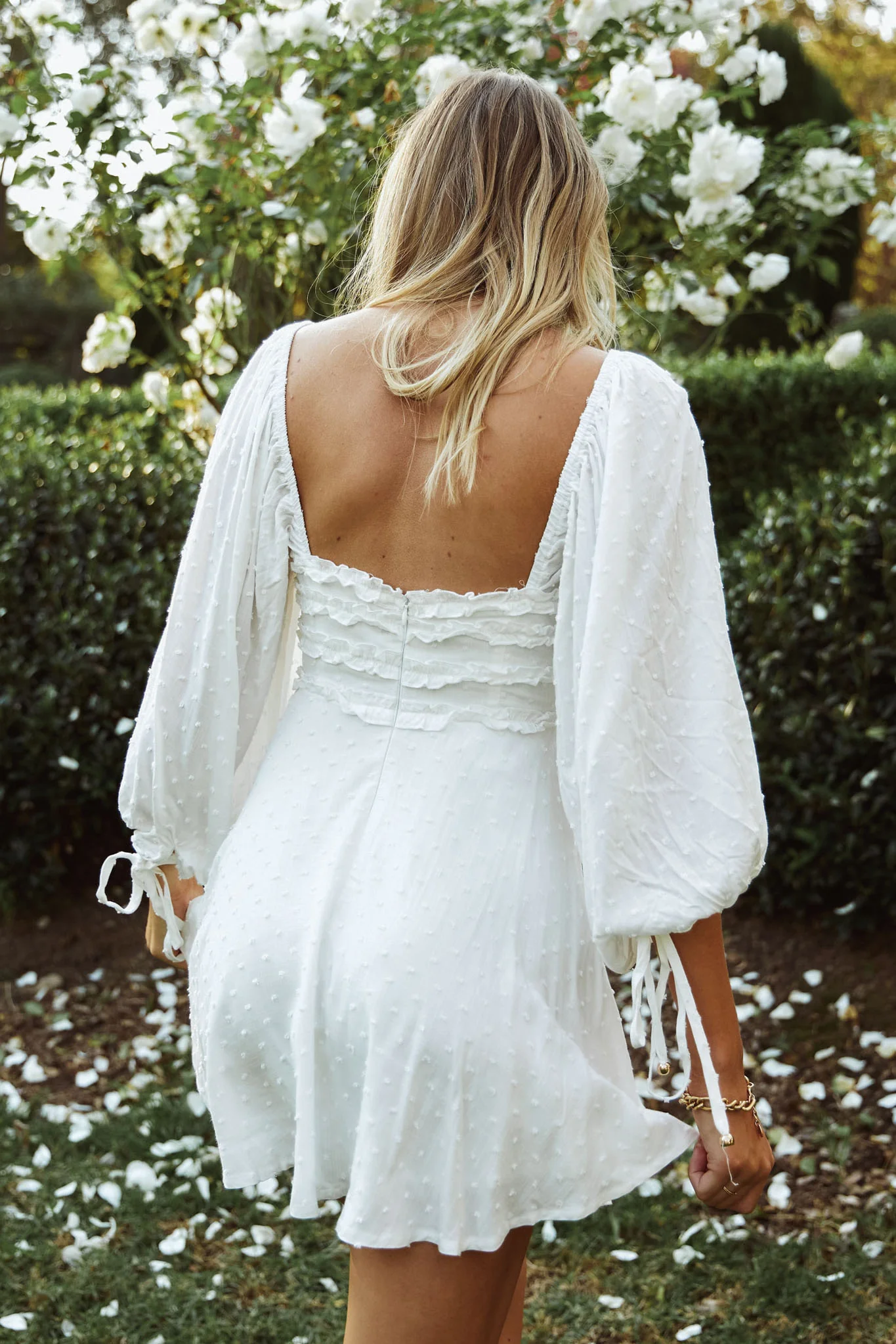 Illia Three-Quarter Balloon Sleeve Frill Bodice Dress White - Seraphlike