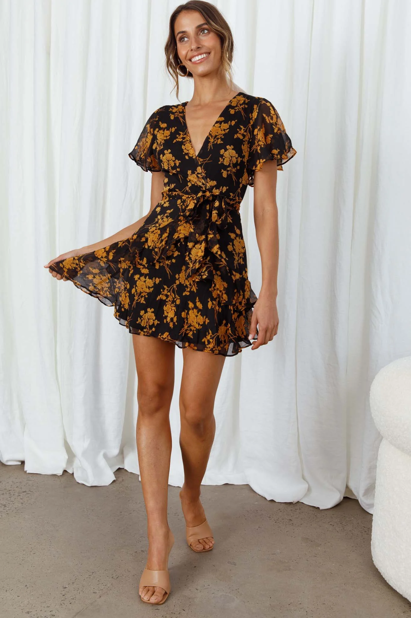 Kerry Layered Angel Sleeve Dress Black/Orange Flower - Seraphlike