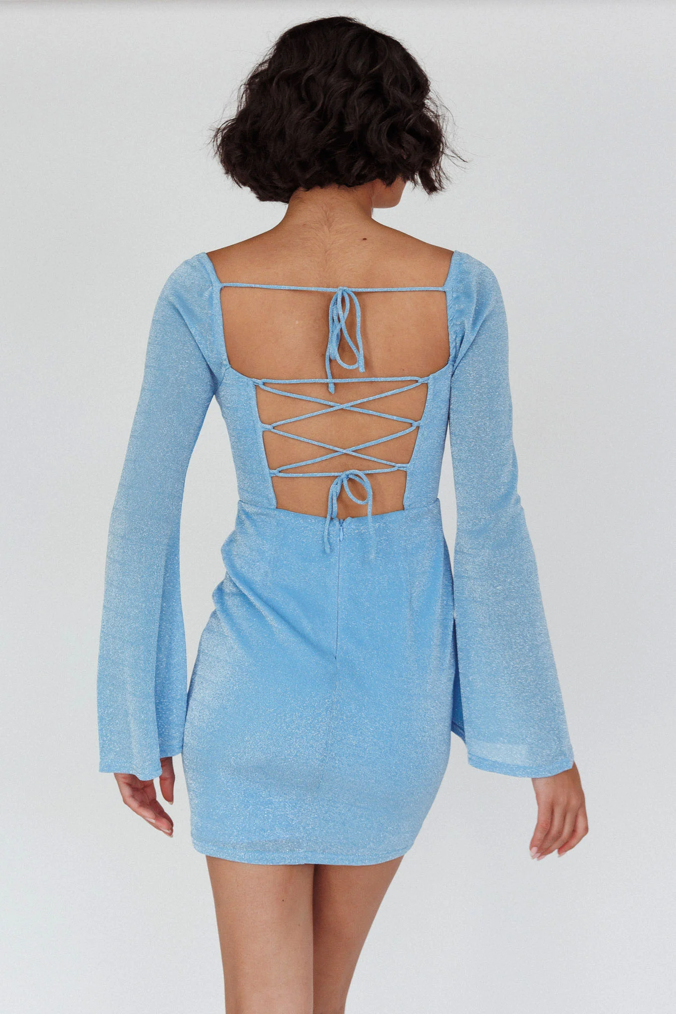 Dreaming Of Rome Laced Back Mini Dress Sparkle Blue - Seraphlike
