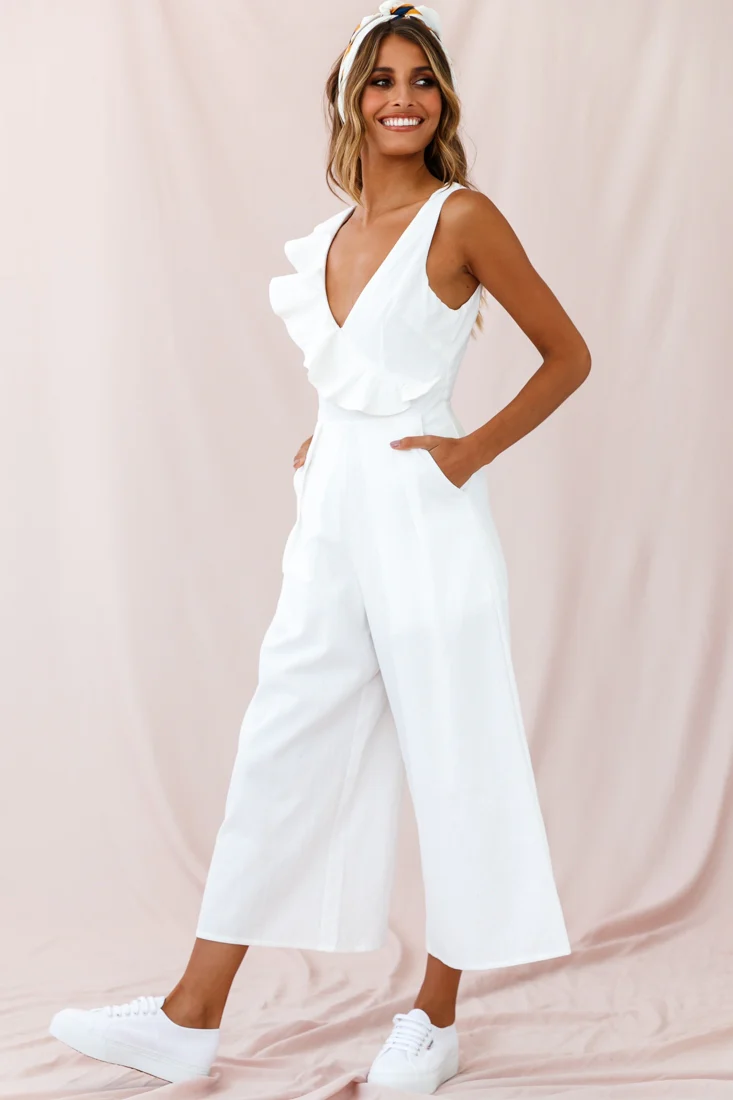 Cheryl Ruffle Strap Wide Leg Jumpsuit White - Seraphlike