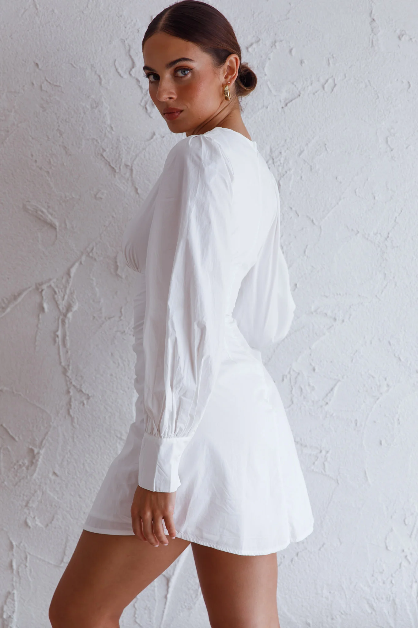 Josie Long Sleeved Ruched Feature Mini Dress White - Seraphlike