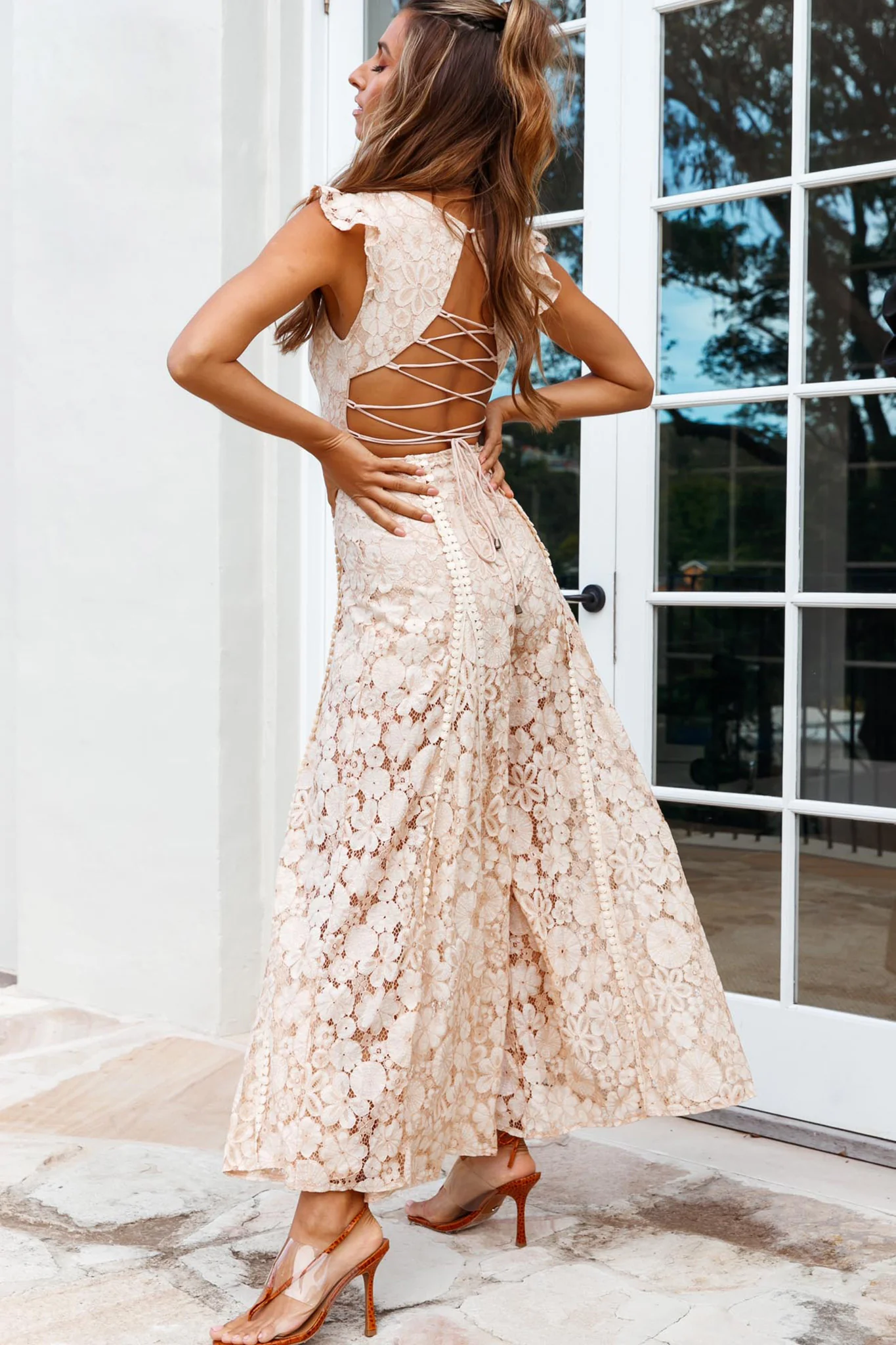 Take Note Laced-Back Frill Shoulder Lace Jumpsuit Nude - Seraphlike