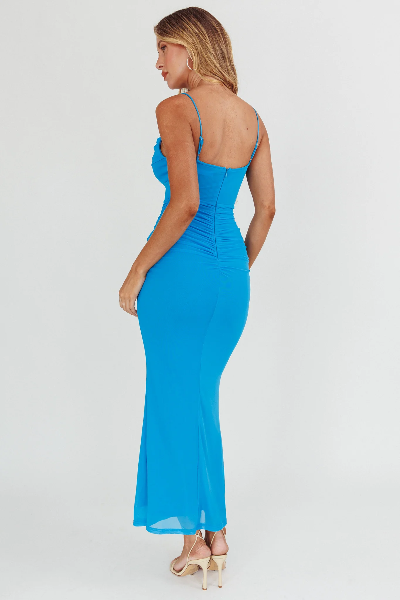 Morella Ruched Waist Mesh Maxi Dress Blue - Seraphlike