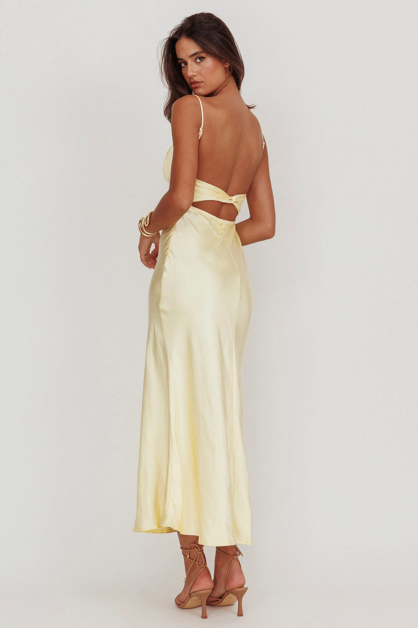 Nerida Twist Back Satin Maxi Dress Lemon - Seraphlike