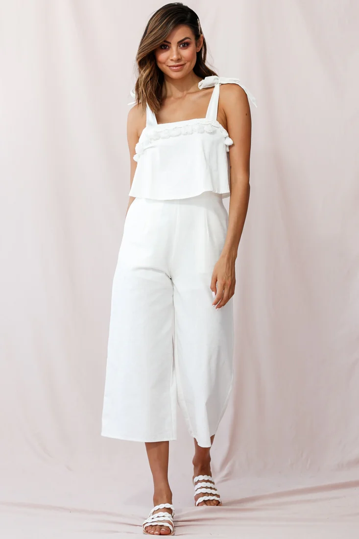 Sirocco Tassel Trim Tied Shoulder Midi Jumpsuit White - Seraphlike