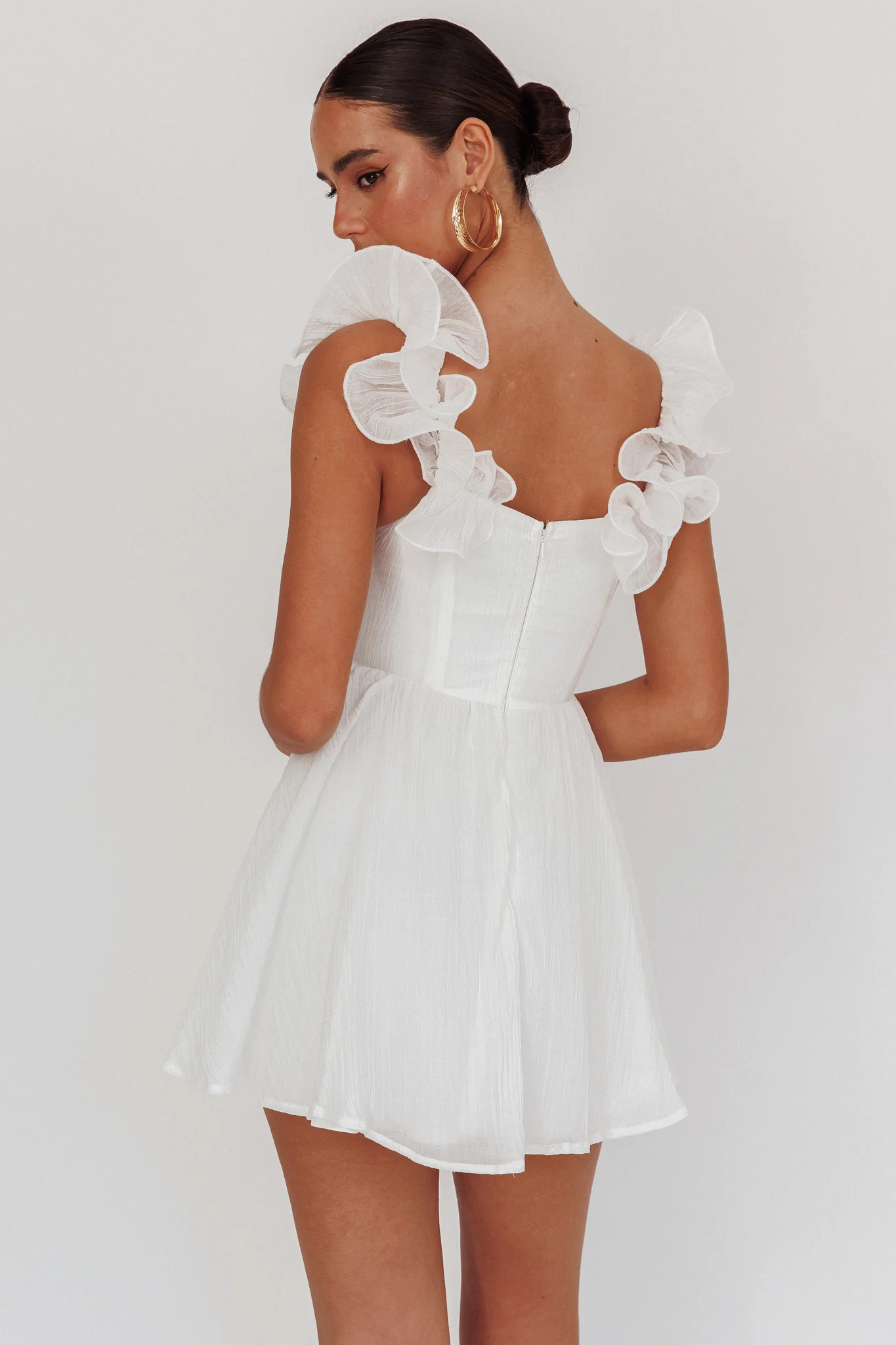 Nivaya Ruffle Neckline Mini Dress White - Seraphlike