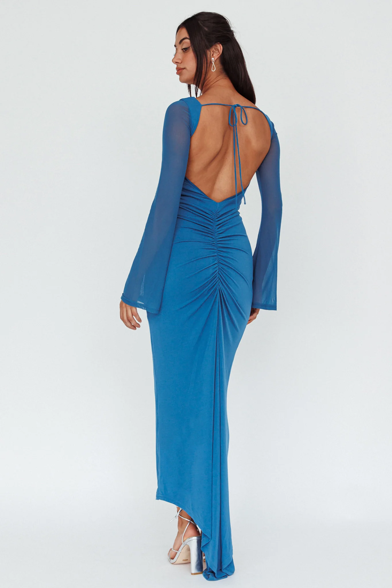 Crystal Ball Open Back Ruched Maxi Dress Blue - Seraphlike