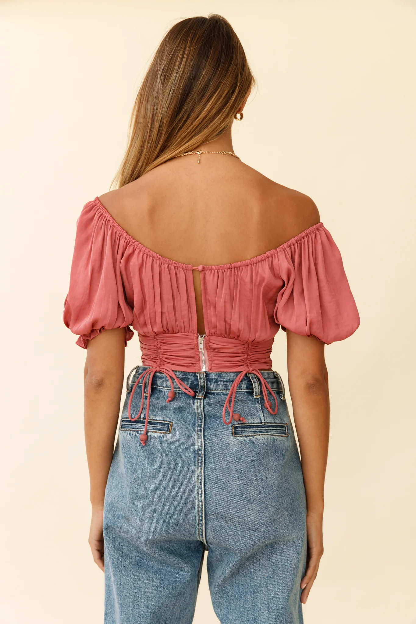 Bright Side Puff Sleeve Ruched Crop Top Rose - Seraphlike
