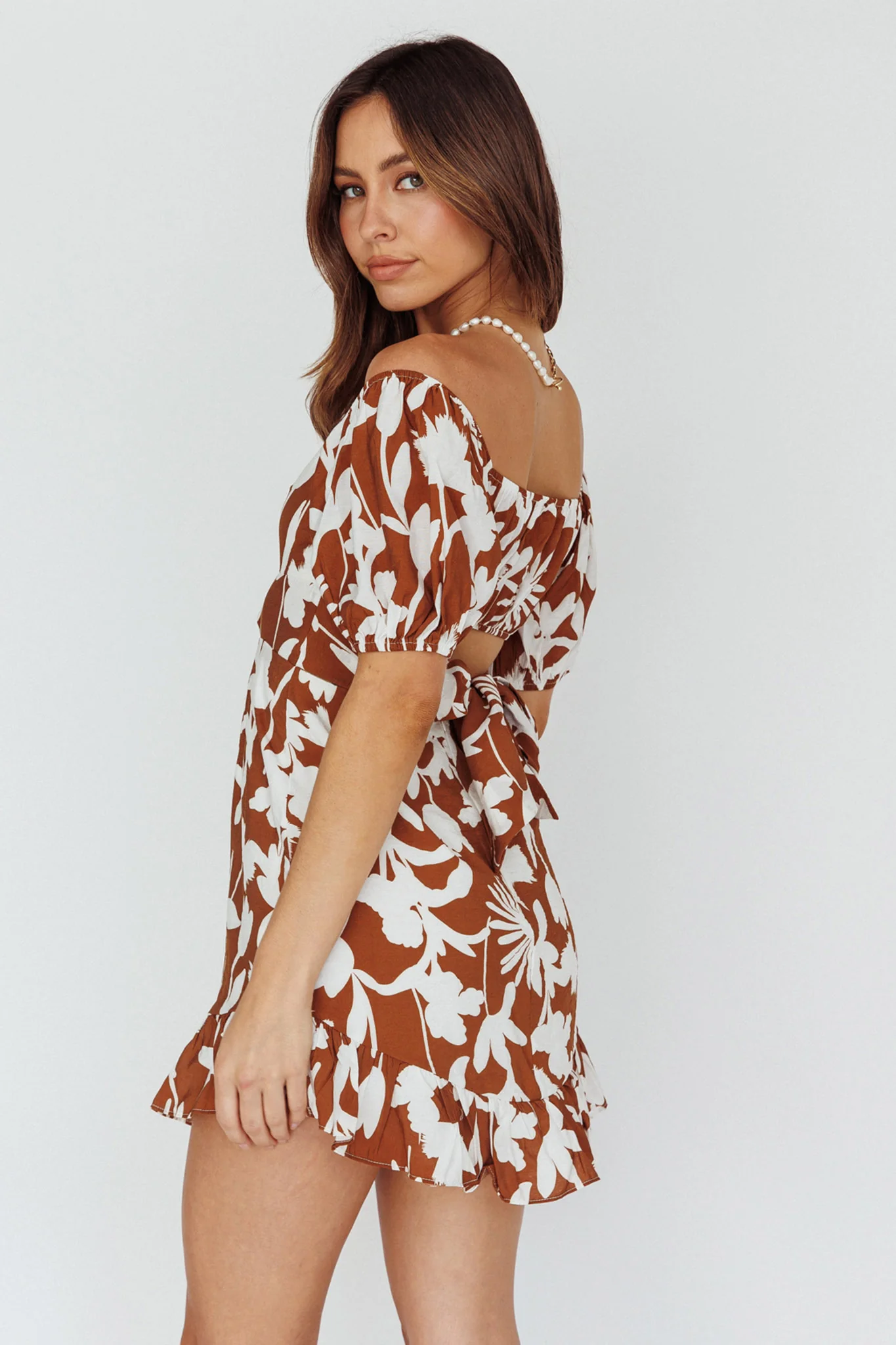 Palm Beach Puff Sleeve Dress Printed Tan - Seraphlike