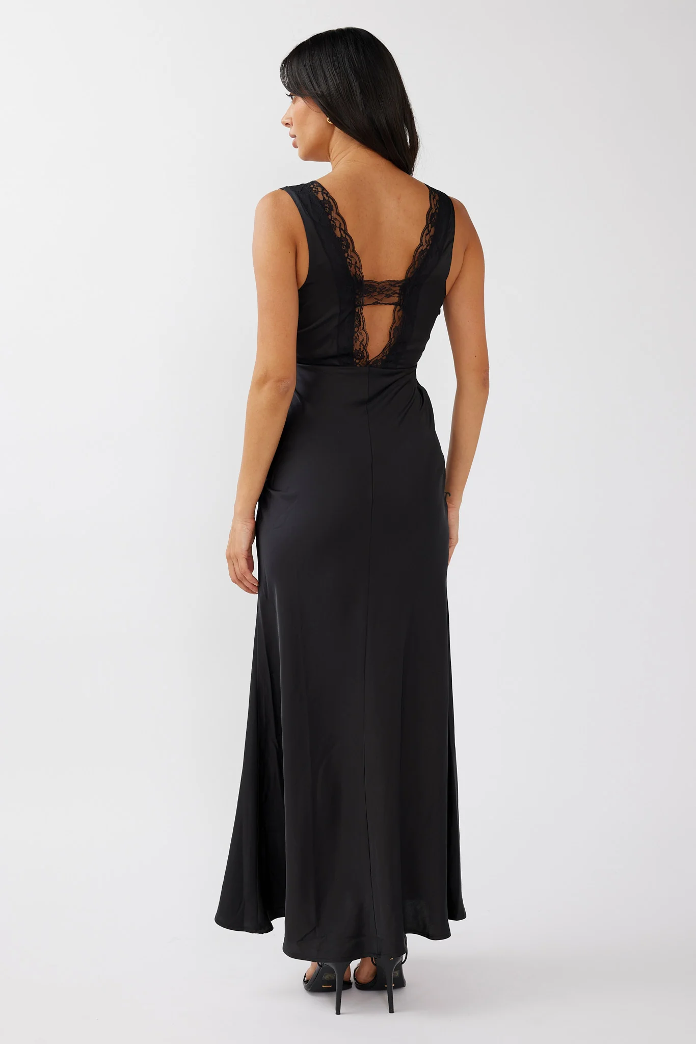 Ivonne Lace Trim V-Neck Maxi Dress Black - Seraphlike