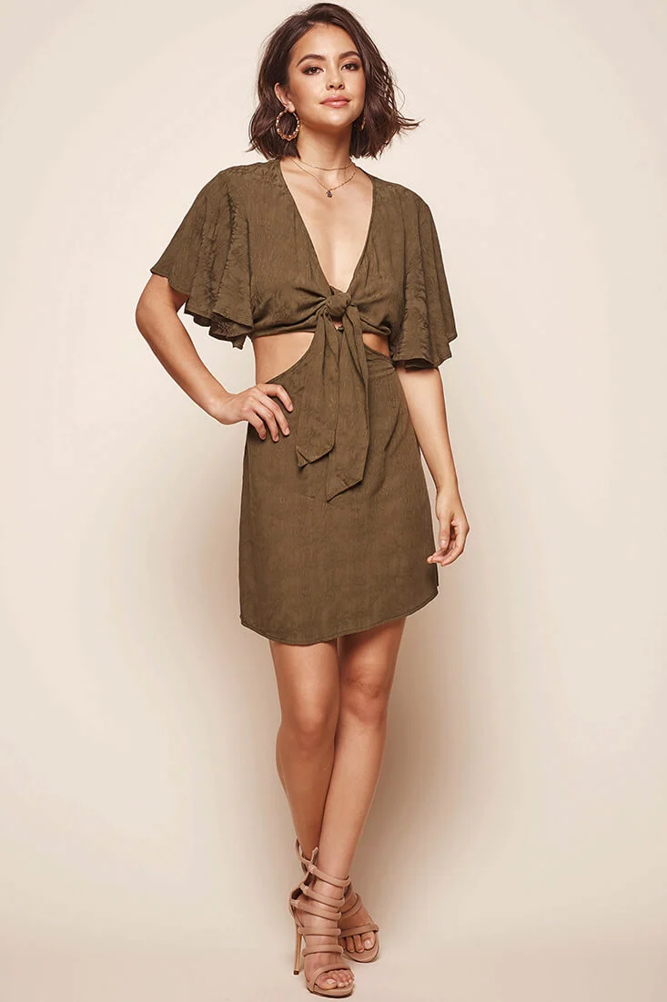 Selfie Batwing Bust Tie Dress Olive - Seraphlike