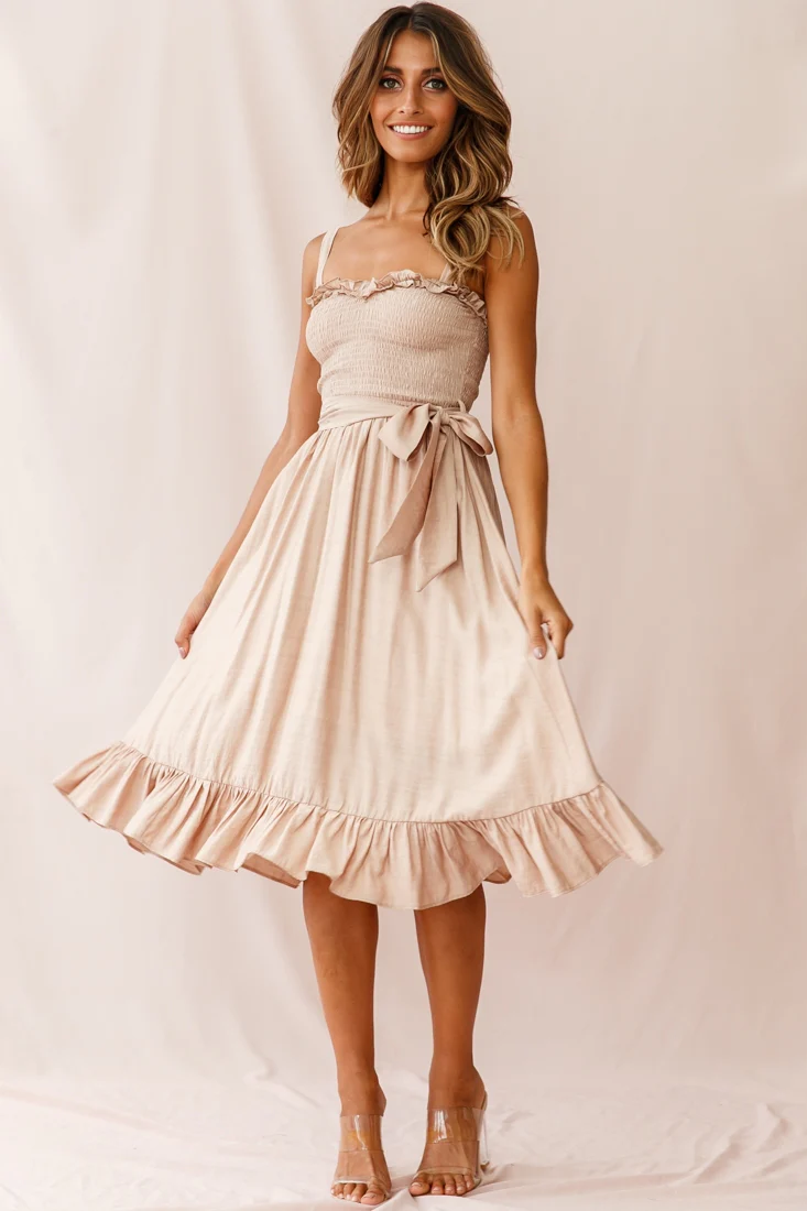 Honey Shirred Frill Midi Dress Mocha - Seraphlike
