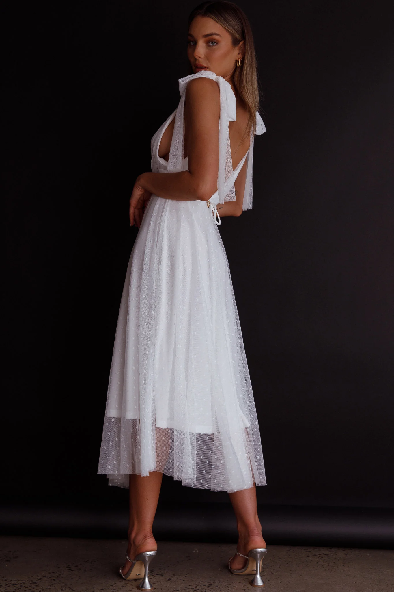 Kathryn Tied Shoulder Mesh Midi Dress White - Seraphlike