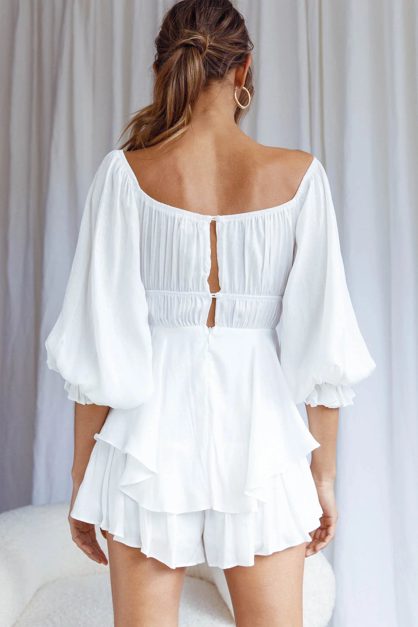 Josephina Lace-Up Front Balloon Sleeve Romper White - Seraphlike