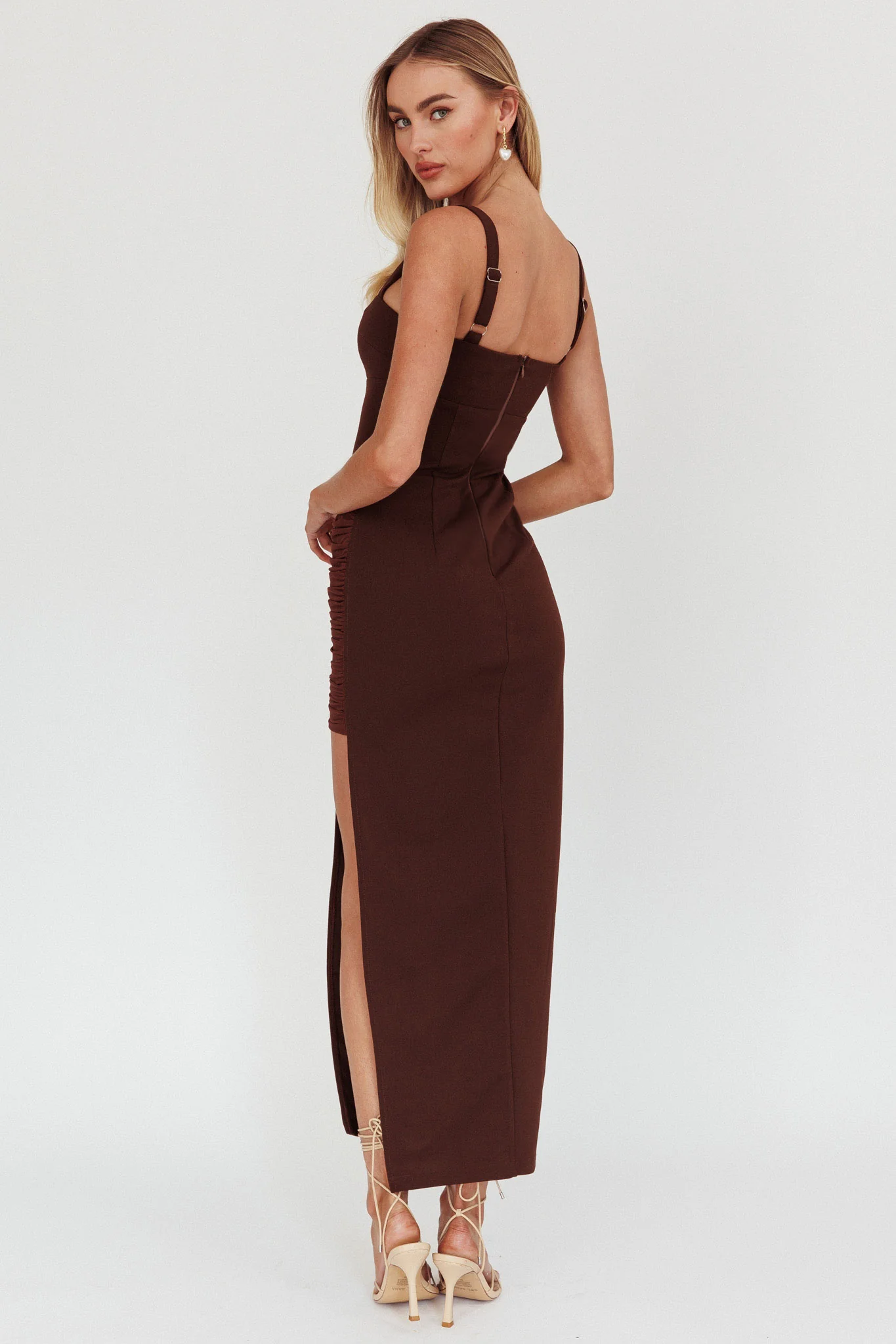 Zenya Split Ruched Maxi Dress Chocolate - Seraphlike