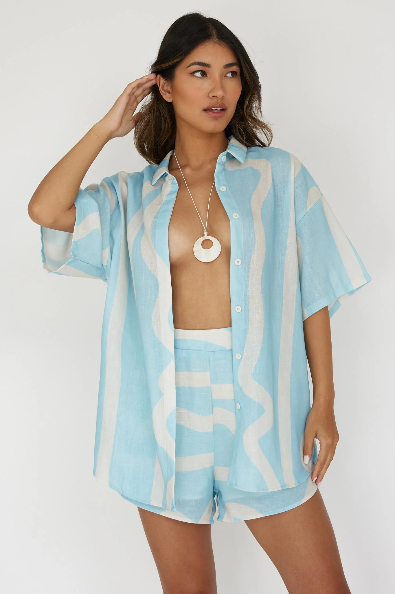 Cora Button-Up Shirt Print Baby Blue - Seraphlike